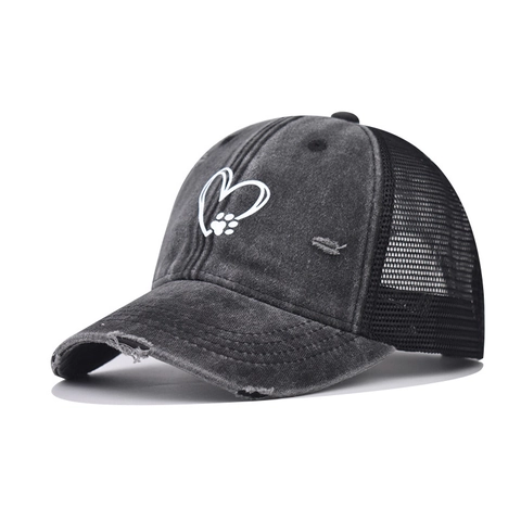 Casquette Trucker Distressed Denim Coton Lavé Casquette De Baseball Dos En Maille Broderie Coeur Patte Vintage Ajustable