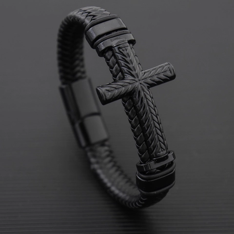 Gevlochten Leren Armband Met Metalen Kruis Bedeltje Magnetische Sluiting Punk Mode Sieraden Voor Heren Vintage Stijl