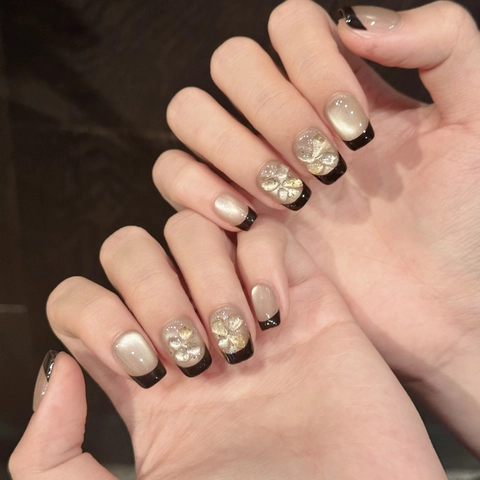 Handmade Press On Nails Black French Tip Champagne Gold Cat Eye Effect With 3D Floral Crushed Stone Decor Elegant