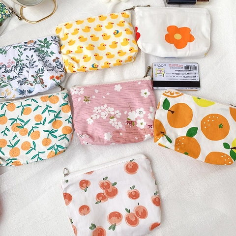 Mini Coin Purse Canvas Cotton Fabric Zipper Closure Printed Cartoon Fruit Flower Animal Pattern Handbag Organizer For Women Girls