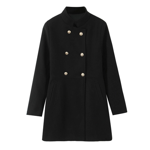 Veste En Laine À Double Boutonnage Pour Femme Col Montant Boutons Dorés Manteau Court Élégant Noir Coupe Ajustée
