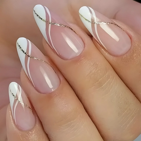 Eleganti Unghie Finte Lunghe A Mandorla Base Rosa Nude Onde Bianche Punte Francesi Linee Glitterate Oro Unghie Artificiali