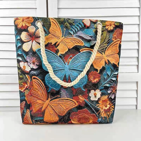 Vintage Butterfly Floral Jacquard Tote Bag Large Capacity Canvas Shoulder Bag With Cotton Rope Handle Zipper Closure