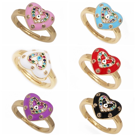 Heart Evil Eye Ring Copper Gold Plated Enamel Zircon Adjustable Open Jewelry For Women Bohemian Style