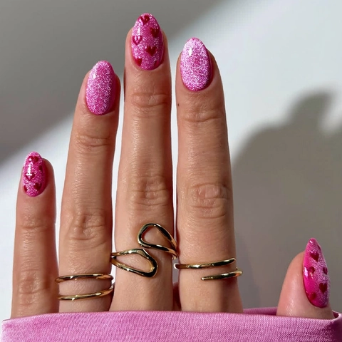 Valentinstag Rosa Katzenauge Aufpressnägel Lang Spitz Glänzend Rotes Herzmuster Eleganter Handgefertigter Stil Maniküre Zubehör