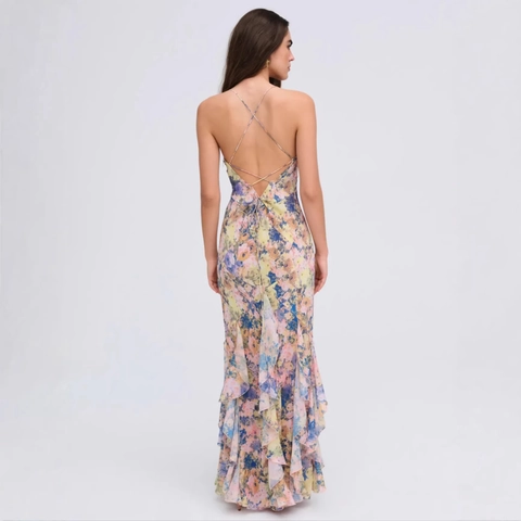 Abito Lungo Floreale Donna Chiffon Di Poliestere Spalline Sottili Scollo A V Orlo Con Volant Schiena Scoperta Vacanza Sexy Estate