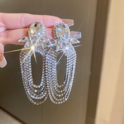 Orecchini Pendenti Con Nappa Di Strass Esagerati Con 925 Sterling Silver Earring Post Per Donna Festa Gioielli