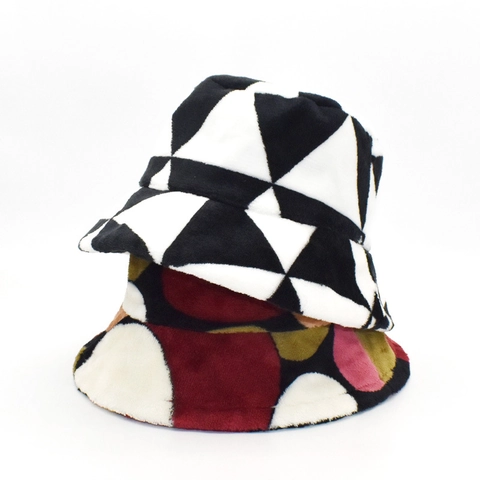 Cappello Alla Pescatora Invernale Donna Pile Corallo Pelliccia Sintetica Coniglio Caldo Spesso Geometrico Patchwork Pois Peluche