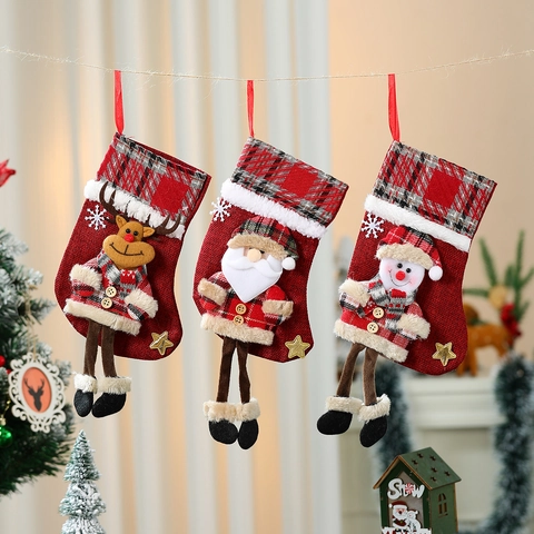 Calze Di Natale Tessuto Scozzese 3D Babbo Natale Pupazzo Di Neve Renna Orso Peluche Ornamento Da Appendere Regalo