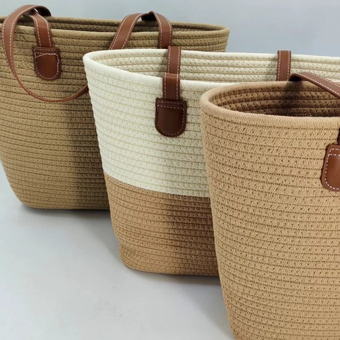 Hand-Woven Cotton Rope Straw Tote Bag Large Capacity Casual Beach Handbag With PU Leather Handles For Women