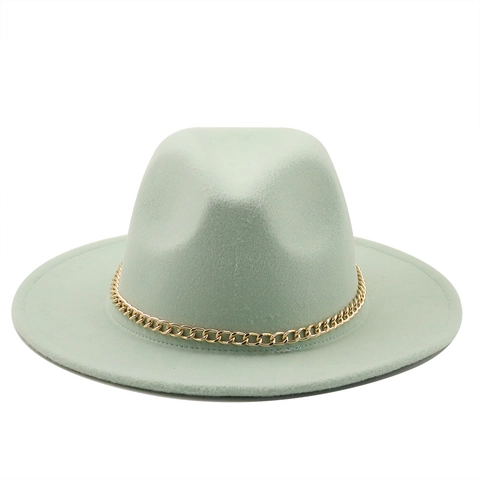 Elegant Solid Color Wool Felt Fedora Hat With Gold Metal Chain Wide Brim Vintage Jazz Cap For Women Men