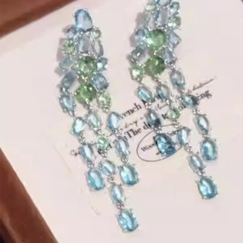 Geometric Oval Tassel Earrings With Zircon And Silver Earring Post Blue Green Alloy Dangle Jewelry For Women Elegant