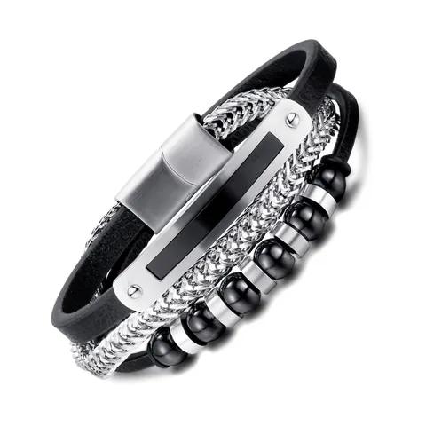 Men Multi Layer Bracelet Leather Stainless Steel Chain Beaded Punk Style Fashion Wristband Magnetic Clasp Jewelry