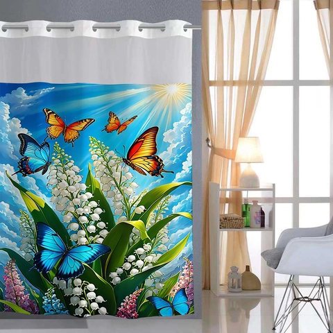 Waterdicht Douchegordijn Polyester Wafelweefsel Dubbellaags Afneembare Voering Haakloos Ontwerp Gaas Bovenkant Decoratief