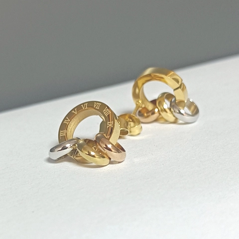 Roman Numeral Interlocking Three Tone Ring Stud Earrings Titanium Steel Gold Silver Rose Gold Plated Fashion For Women