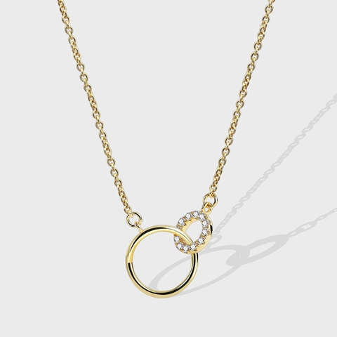 Doppel Ineinandergreifende Ring Anhänger Halskette 18K Vergoldetes Kupfer Geometrische Schlüsselbeinkette Zirkon Damen Schmuck