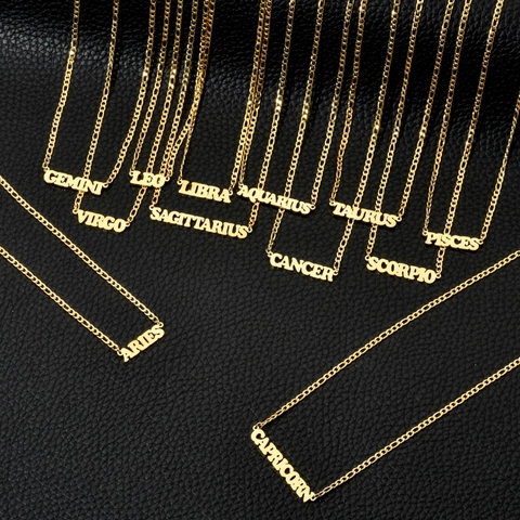Collana con Ciondolo a Lettera Costellazione Zodiacale in Acciaio Inossidabile Donna Placcato Oro 18K Catena Figaro Gioielli