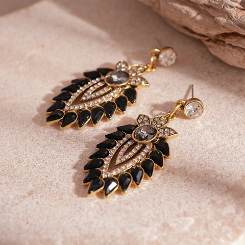 Vintage Dark Floral Leaf Dangle Earrings Alloy Rhinestone With Silver Earring Post For Women Luxury Retro Style
