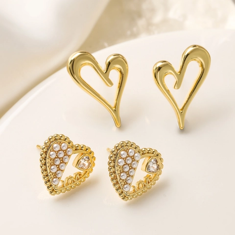 Heart Stud Earrings With 18K Gold Plated Copper Imitation Artificial Pearl Zircon Love Letter Design Fashion Jewelry For Women