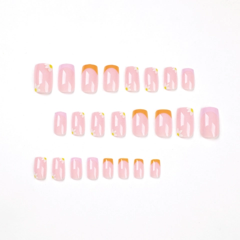 French Tip Press On Nails Quadratisches Falsches Nagelset Gänseblümchen Design Rosa Orange Lila Farbverlauf Kunstnägel