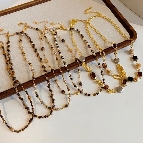 Collier Pendentif Oeil De Tigre Pour Femmes Cuivre Plaqué Or 18K Perles Vintage Chaîne Pull Style Bohème Bijoux