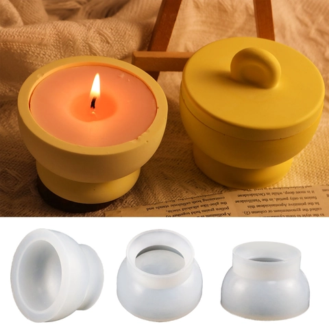 Moule En Silicone DIY Boîte De Rangement Ronde Pot À Bougie Avec Couvercle Poignée Anneau Fait Main Plâtre Résine Époxy Aromathérapie Moderne Minimaliste