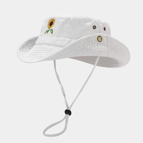 Chapeau Bob En Coton Brodé Tournesol Extérieur À Bord Large Corde Coupe-Vent Réglable Style Coréen Décontracté