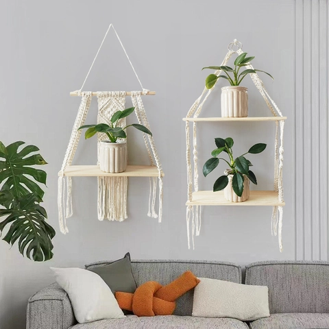 Macrame Wall Hanging Shelf Boho Wood Floating Shelf Handmade Cotton Rope Woven Plant Holder Tassel Display Organizer