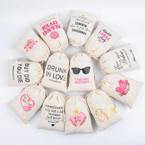 Cotton Linen Hangover Kit Drawstring Bags For Wedding Party Bachelorette Favors Recovery Kit Gift Pouch Mother Day