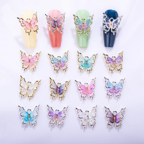 Butterfly Nail Art Charms Alloy Iridescent Resin 3D Gradient Ice Through Hollow Design DIY Manicure Decoration