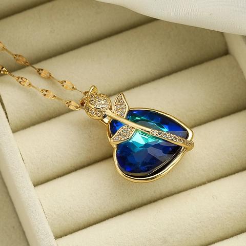 Collana Con Ciondolo A Cuore Rame Placcato Oro 18K Zirconia Cristallo Blu Fiore Di Rosa Gioielli Romantici Per Donna