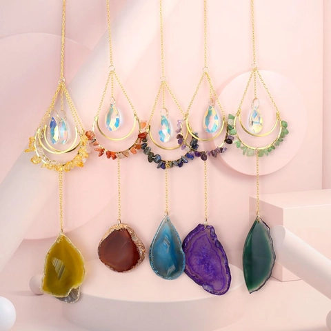 Natural Agate Slice Crystal Suncatcher Hanging Ornament Moon Frame Healing Stone Bohemian Window Wall Home Decor