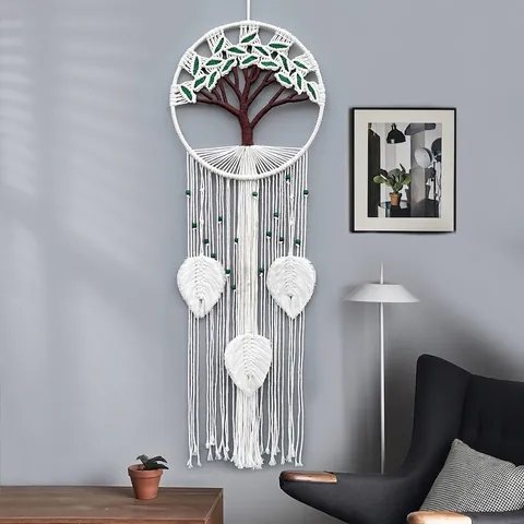 Macramè Appeso Parete Albero Della Vita Corda Cotone Intrecciato Mano Tapiceria Perle Legno Boho Bohemien Decorazione Parete