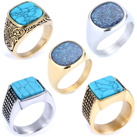 Anello Sigillo Quadrato In Turchese Intagliato Vintage Acciaio Inossidabile Pietra Arenaria Blu Gioielli Punk Retro Unisex