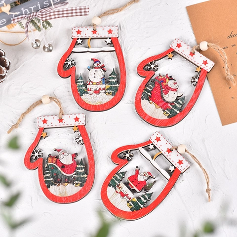 Ornamenti Natalizi In Legno Da Appendere A Forma Di Guanti Con Motivi Di Babbo Natale E Pupazzo Di Neve