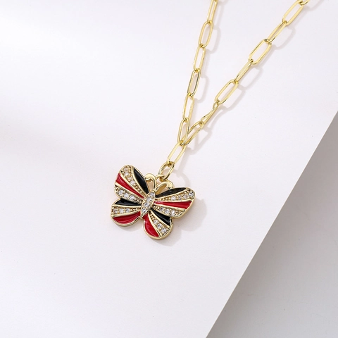 Collana Con Cendente Farfalla Rame Placcato Oro 18K Zircone Smalto Catena A Maglie Gioielli Squisiti