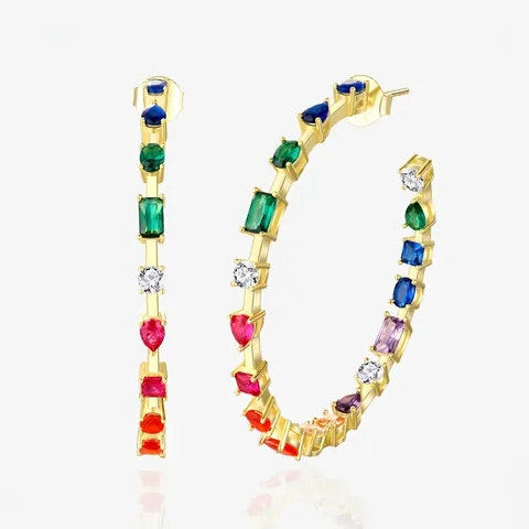 Multicolor Zircon Rainbow Hoop Earrings With 925 Sterling Silver Earring Post For Women Large Geometric Jewelry