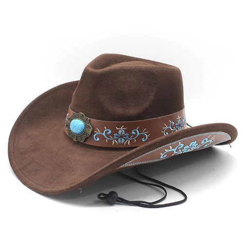 Cappello Da Cowboy Western Scamosciato Ricamato Floreale Turchese Stile Etnico Tesa Larga Cappello Jazz Cordino Regolabile