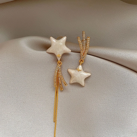 Asymmetric Star Tassel Drop Earrings With Silver Earring Post Zircon Inlaid Gold Plated Elegant Jewelry For Women