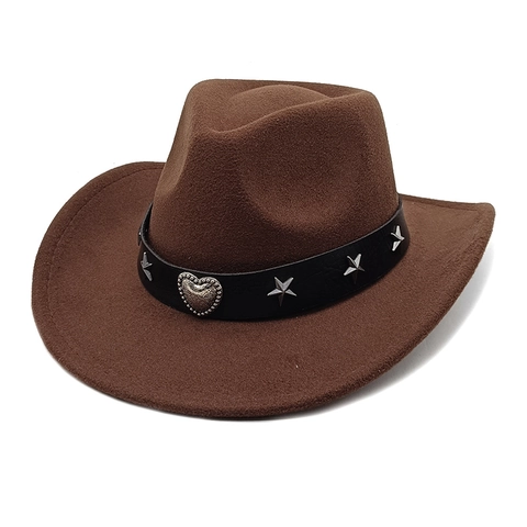 Chapeau De Cowboy Occidental Coton Polyester Feutre Large Bord Style Ethnique Rétro Boucle Coeur Clous Étoile Pour Hommes Femmes