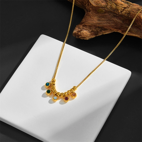 Edelstahl Bunte Strass Anhänger Halskette Gold Vergoldet Boxkette Geometrischer Trendschmuck Für Damen
