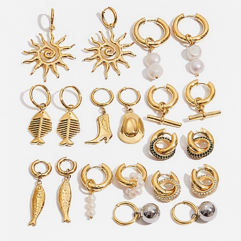 Stainless Steel Artificial Pearl Drop Earrings For Women Gold Plated Geometric Fish Sun Charms Fashion Jewelry High Quality Non Tarnish