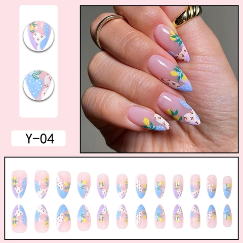 Almond Press On Nails Lemon Floral Pattern Blue Polka Dot French Manicure False Nails Summer Sweet Style Plastic