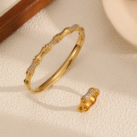 Bambus Gelenk Edelstahl Armreif Und Ring Mit Funkelndem Zirkonia Eingelegt Elegant Mode Schmuck Für Frauen