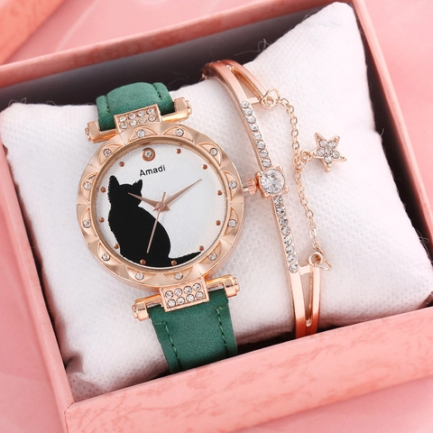 Dames Mode Quartz Horloge Schattige Kat Silhouet Wijzerplaat Strass Legering Kast Kunstleer Band Casual Polshorloge