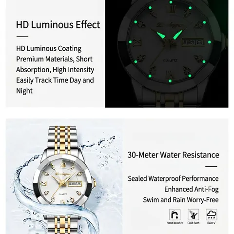 Women Quartz Watch Stainless Steel Band Waterproof Luminous Date Week Display Rhinestone Roman Numerals Elegant Business