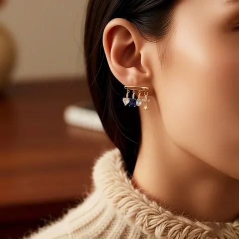 Sicherheitsnadel Ohrringe Mit Silver Earring Post Kupfer Zirkon Kreuz Herz Blauem Stein Anhänger Damen