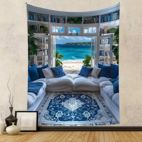 Landscape Wall Tapestry Mediterranean Coastal Library Digital Print Polyester Decorative Hanging Cloth Home Bohemian Style