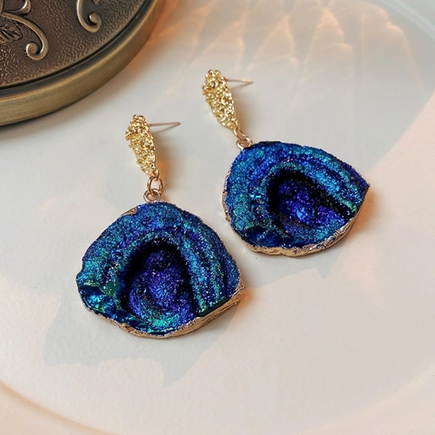 Vintage Irregular Blue Drip Glaze Earrings With 925 Sterling Silver Earring Post Alloy Rhinestone Flower Jewelry For Women