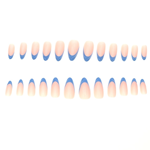 Unghie Finte Lunghe Mandorla Coffin Rilievo 3D Stile Francese Blu Bianco Farfalla Unghie Artificiali Per Donne Manicure Lucide Decorative